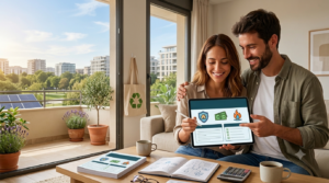 Una pareja sonriente revisa información sobre seguros de hogar en una tablet, con iconos de un escudo sobre una casa, dinero y un incendio.