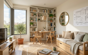 Salón pequeño y luminoso decorado con sofás con almacenaje inferior, estanterías modulares altas y tonos neutros para optimizar el espacio.