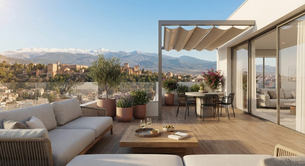Terraza moderna de una vivienda de obra nueva en Granada con mobiliario exterior y vistas a Sierra Nevada.