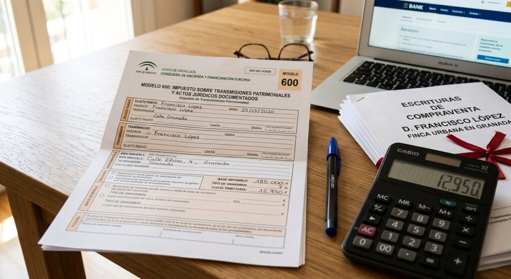Formulario oficial Modelo 600 de la Junta de Andalucía y calculadora sobre una mesa de madera junto a unas escrituras de compraventa para liquidar el impuesto de transmisiones patrimoniales.
