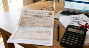Formulario oficial Modelo 600 de la Junta de Andalucía y calculadora sobre una mesa de madera junto a unas escrituras de compraventa para liquidar el impuesto de transmisiones patrimoniales.