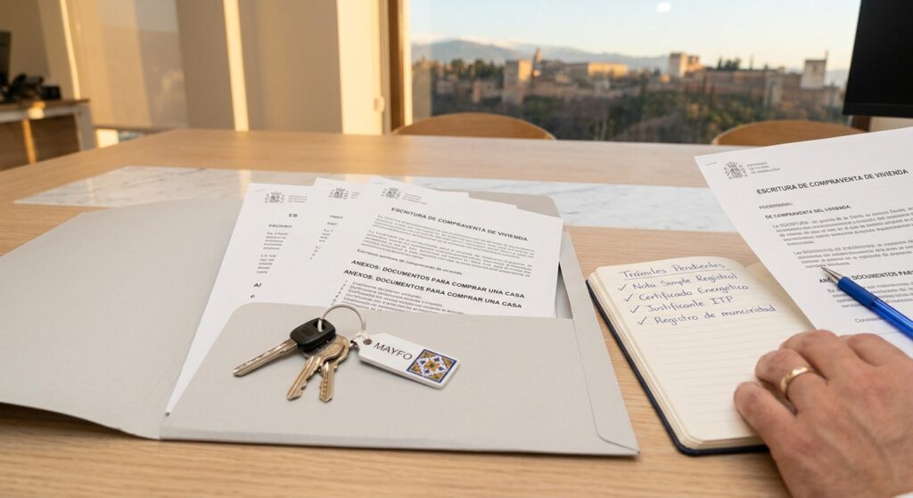 Carpeta con los documentos para comprar una casa organizados junto a un juego de llaves y un cuaderno con los trámites pendientes.