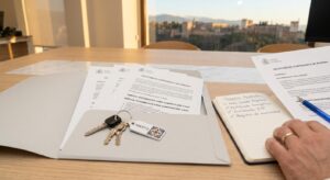 Carpeta con los documentos para comprar una casa organizados junto a un juego de llaves y un cuaderno con los trámites pendientes.