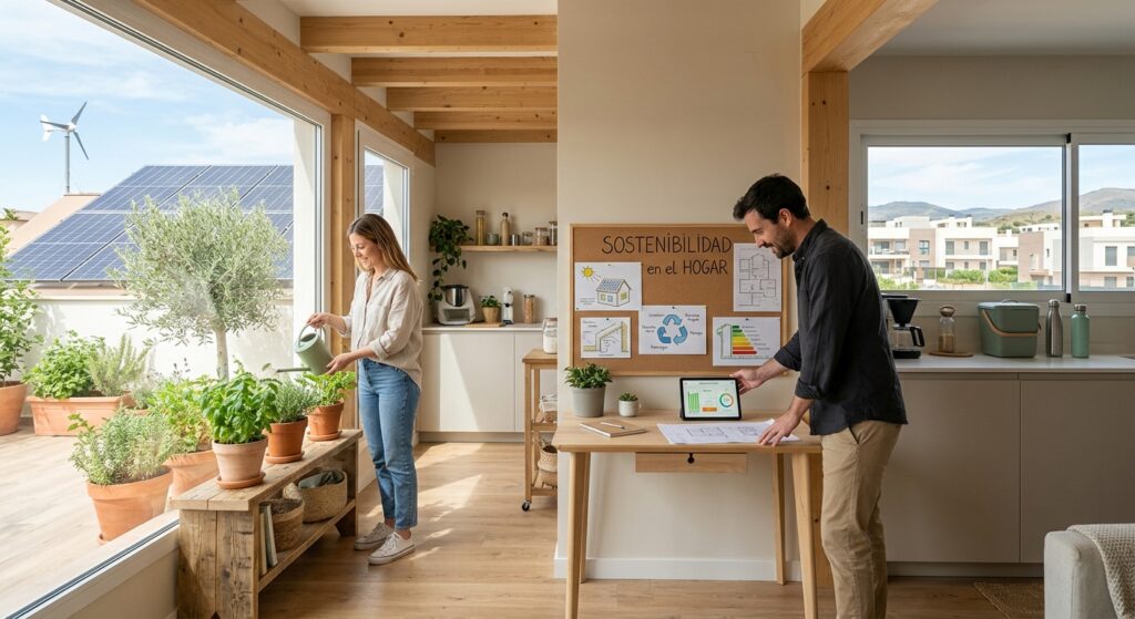 Pareja aplicando soluciones de sostenibilidad en el hogar en una vivienda moderna con paneles solares, plantas y gestión energética.