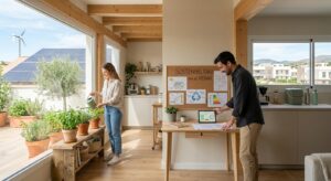 Pareja aplicando soluciones de sostenibilidad en el hogar en una vivienda moderna con paneles solares, plantas y gestión energética.