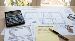 Documento de desglose de gastos al comprar una casa junto a una calculadora, bolígrafo y planos arquitectónicos en una mesa de trabajo.