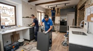 Obreros realizando la renovación de una cocina al reformar una casa para alquilar con acabados modernos.
