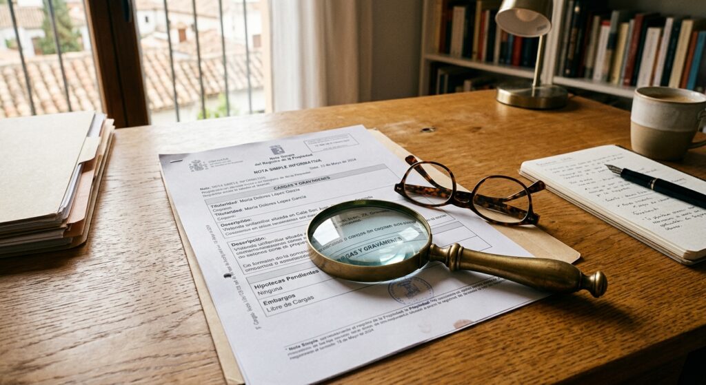 Nota simple del registro de la propiedad sobre un escritorio de madera con gafas de lectura y una lupa para revisar cargas.