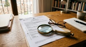 Nota simple del registro de la propiedad sobre un escritorio de madera con gafas de lectura y una lupa para revisar cargas.