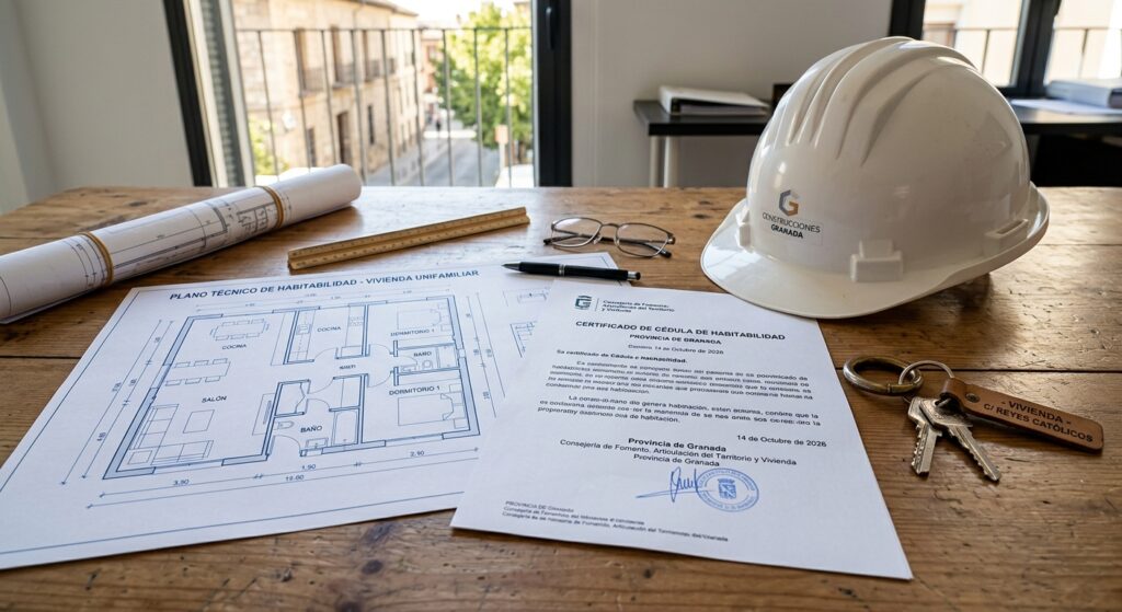 Plano técnico y certificado de cédula de habitabilidad sobre una mesa con un casco de obra y un juego de llaves.