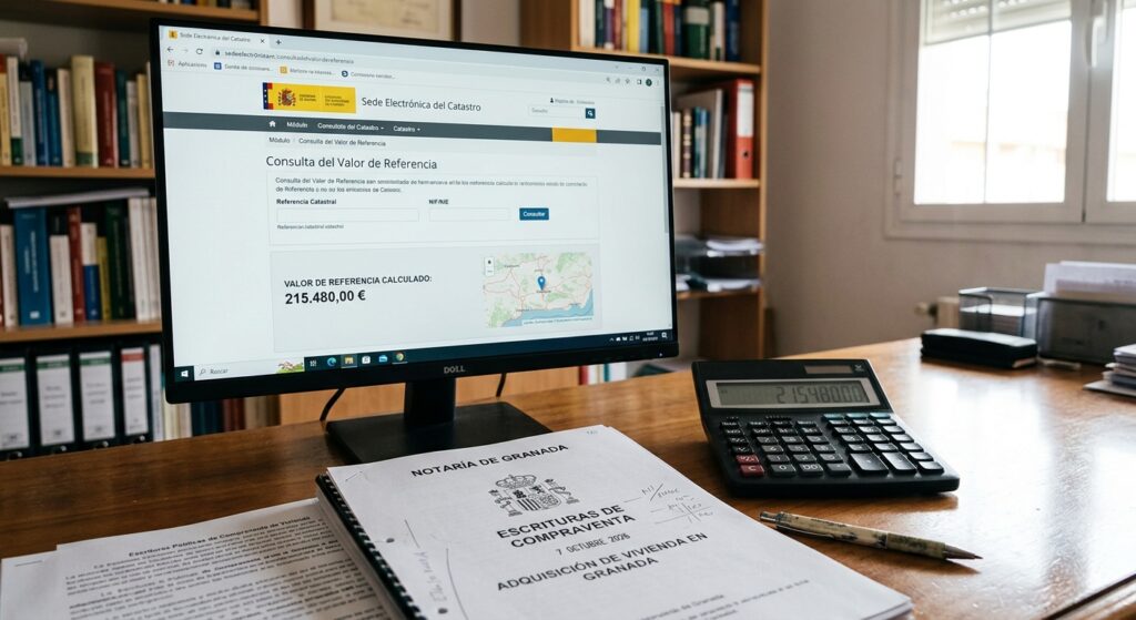 Pantalla de ordenador mostrando la consulta del valor de referencia de Catastro junto a una calculadora y escrituras sobre un escritorio.